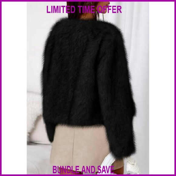 Cropped Faux Fur Jacket Open Front Fluffy Winter Coat Women's Outerwear - Picture 5 of 8